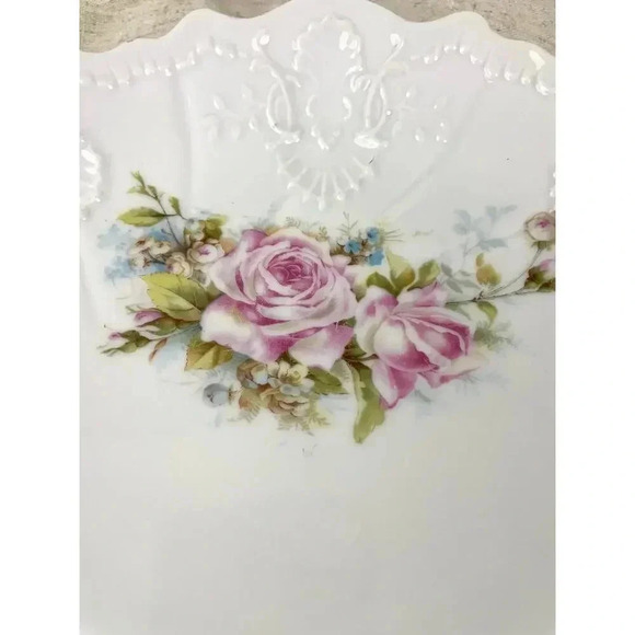 VTG Porcelain Pink Roses Floral Serving Plate With Handles Embossed Shabby Chic - Picture 8 of 11